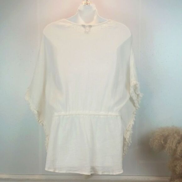 Intro boho cotton embroidered fringe drawstring waist/ tassels  ivory top (M) - Picture 7 of 11
